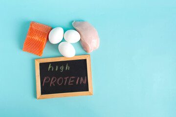 A set of high-protein foods with a close-up inscription "high protein" light background