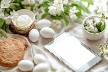 Easter menu mockup design on tablet with decorative eggs and spring elements