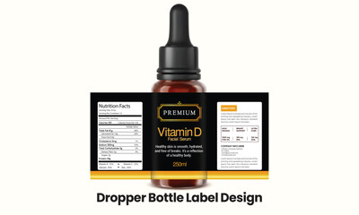 Amber dropper bottle label with a black cap, ideal for showcasing essential oils, serums, or skincare products. Elegant, minimalist design 