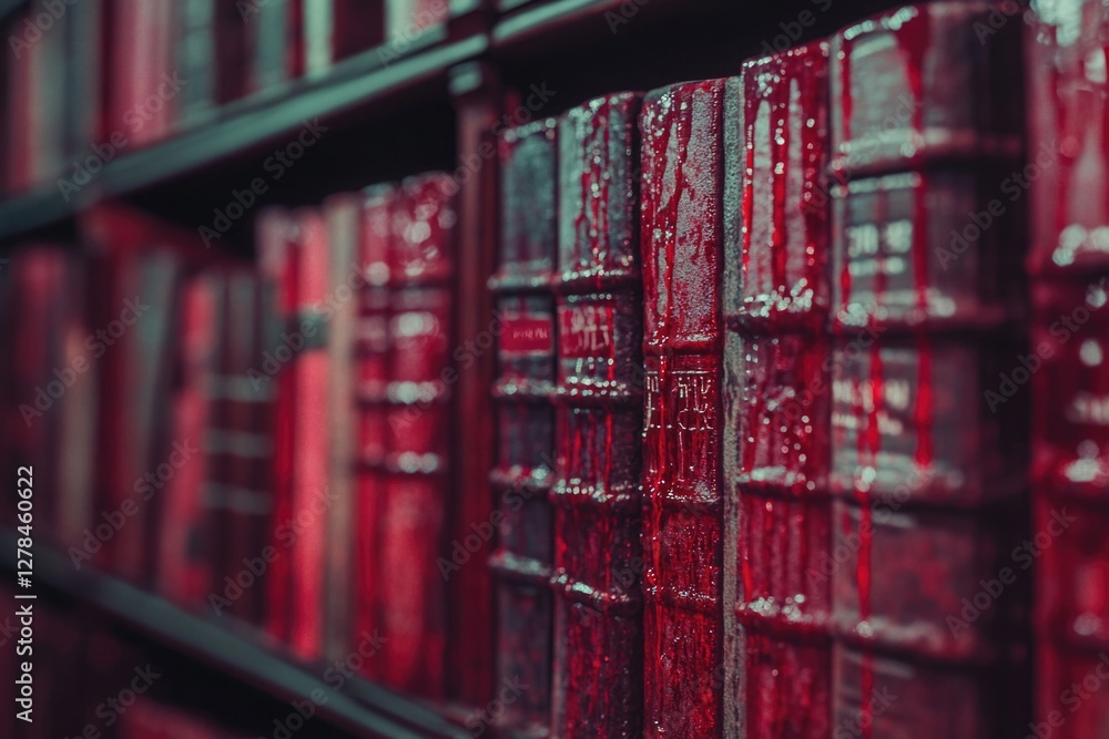 Poster row of red books on a shelf in a library, great for education or study concepts