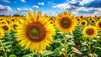 A field of sunflowers is pictured, with one large sunflower in focus and a blue sky with clouds above.
