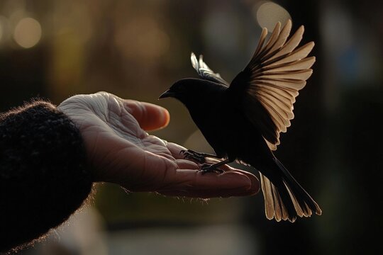 Black bird perched gently on a person's hand, wings spread wide under golden sunlight during a serene outdoor moment