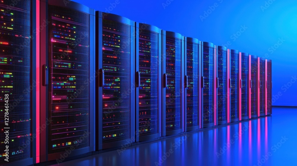 Poster a row of modern data servers illuminated by colorful lights against a blue background, showcasing ad
