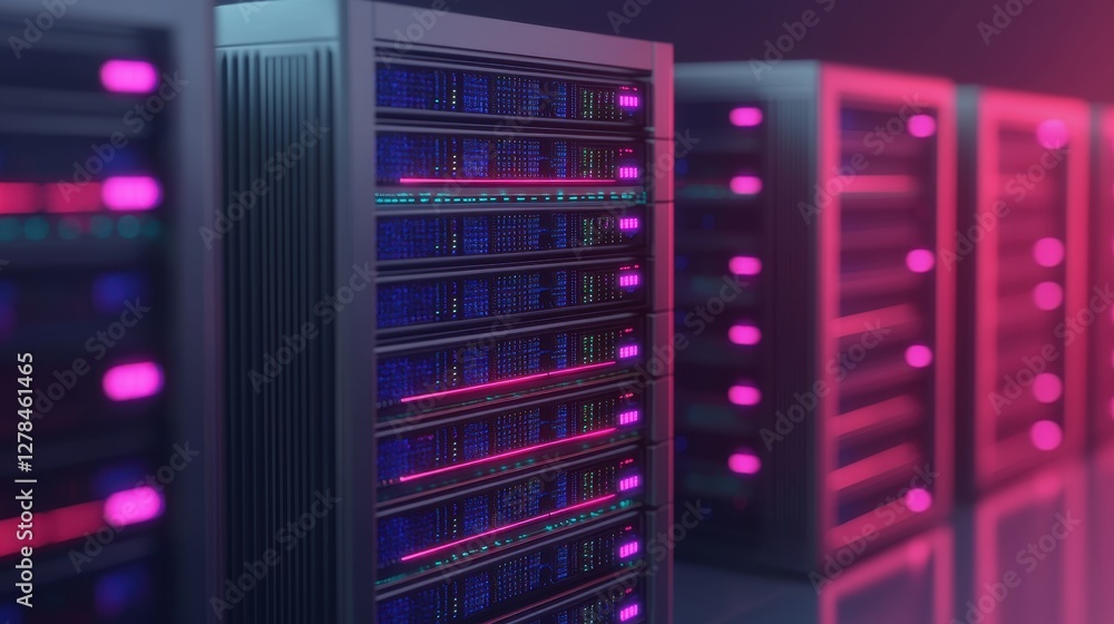 Poster a modern server room with illuminated racks showcasing advanced technology in vibrant colors, emphas