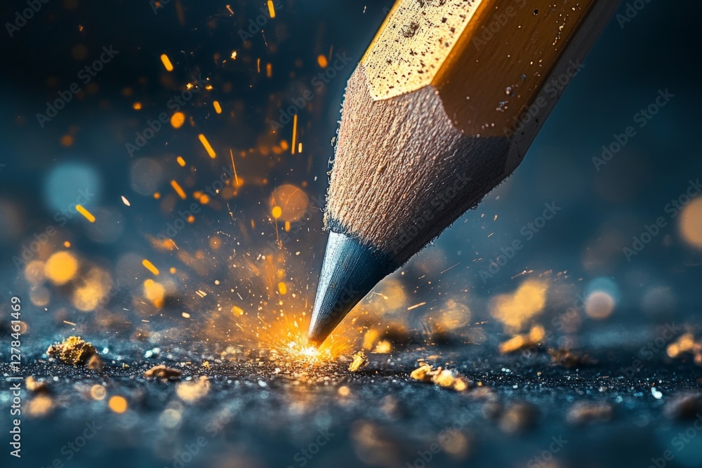 Poster Pencil creating sparks while sharpening on a dark surface with glittering particles around