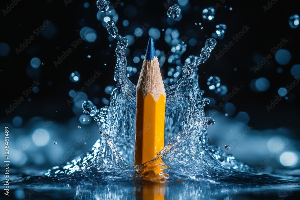 Poster bright yellow pencil creating splashes in water against a dark background during a creative art expe