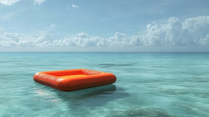 A bright beach setting with a large air mattress floating in the water, perfect for sunbathing and relaxing.