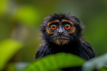Obraz premium Curious monkey gazes intensely among lush foliage in a rainforest during daylight