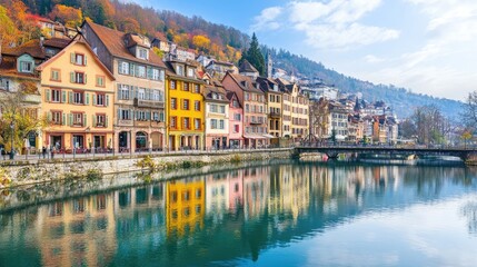 Obraz premium A charming European riverfront town, with colorful houses reflecting on calm water.
