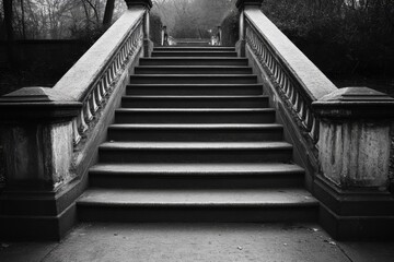 Fototapeta premium Stairs leading to a foggy path in a quiet park surrounded by trees during early morning hours