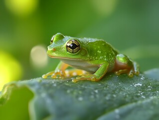 Naklejka premium Green frog is sitting on a leaf