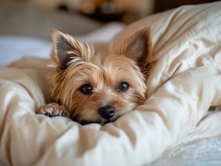 Small dog is laying on a bed with its head on a pillow