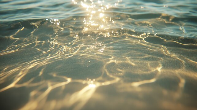 Golden sunlight on water surface, tranquil ocean, sparkling waves, serene sea, beach reflections, calming shore