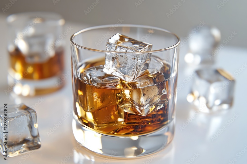 Aufkleber a clear glass filled with whiskey and floating ice cubes, placed on a table