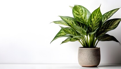 An Aglaonema plant in a modern pot, isolated on a white background