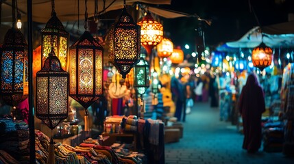 Obraz premium Vibrant Moroccan Market at Night with Hanging Lanterns and People