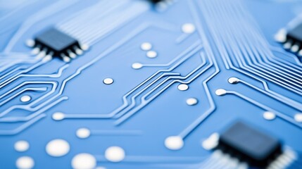 Close-up of blue circuit board with microchips and pathways.
