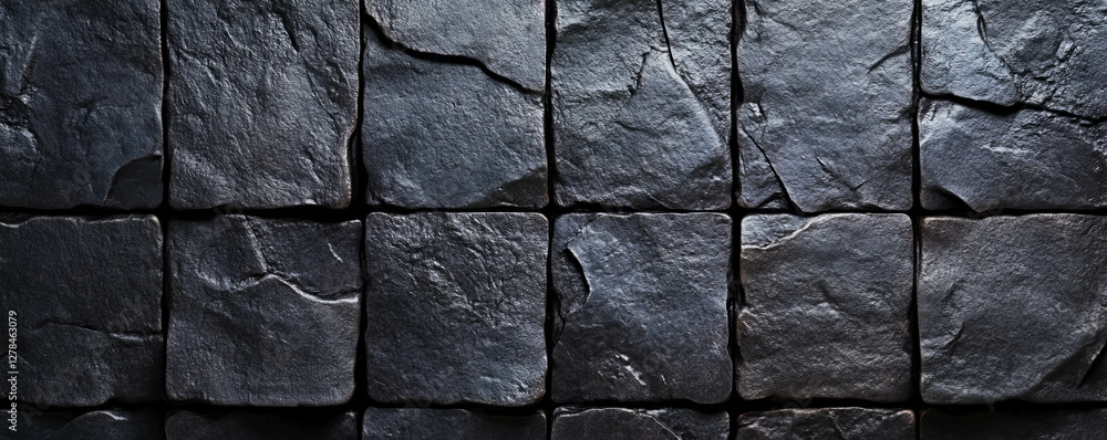 Poster Dark stone grid texture with slate tiles for background design