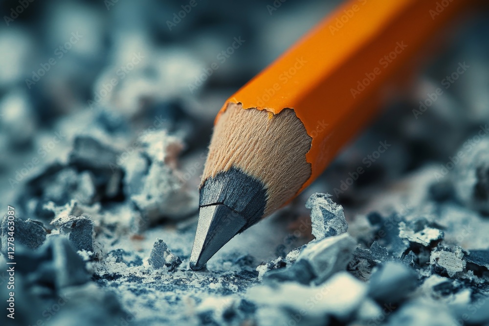 Poster almost used pencil lying on pencil shavings with fine details showing texture and color against a bl