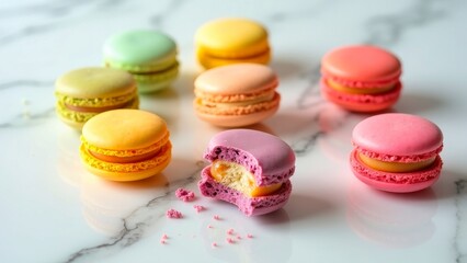 Obraz premium Vibrant macarons in a variety of pastel colors, displayed on a marble surface. One macaron has a bite taken out of it.