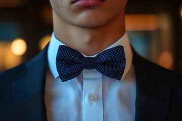 Elegant man in a dark suit wearing a stylish bow tie at a sophisticated evening event indoors