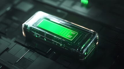 A sleek, futuristic battery icon with a glowing neon green aura