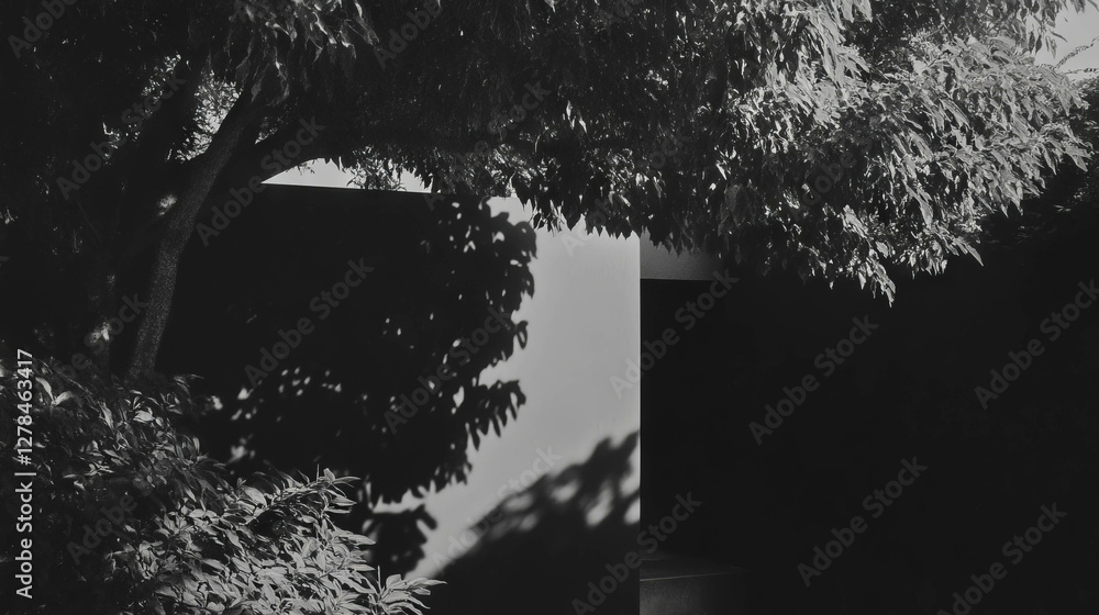 Poster subtle shadows on deep black wall with foliage in monochrome scene