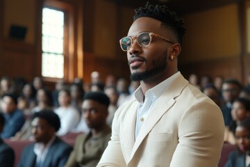 Obraz premium Man in a light suit attentively listening during a formal event in a lecture hall filled with a diverse audience