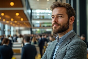 Fototapeta premium Business professional with beard and tailored suit networking at an industry conference in a modern venue