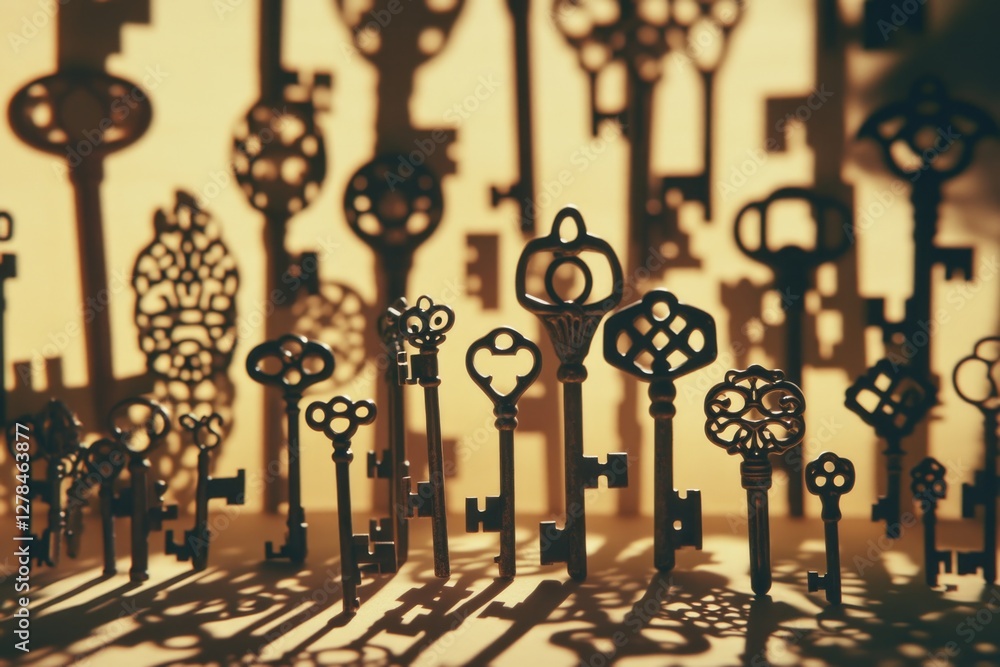 Poster A collection of keys placed on a surface, possibly indicating organization or storage