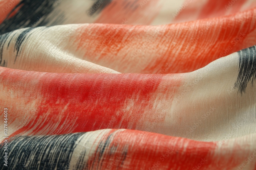 Poster beautiful fabric with vibrant patterns showcasing red, black, and cream colors in a smooth, flowing 