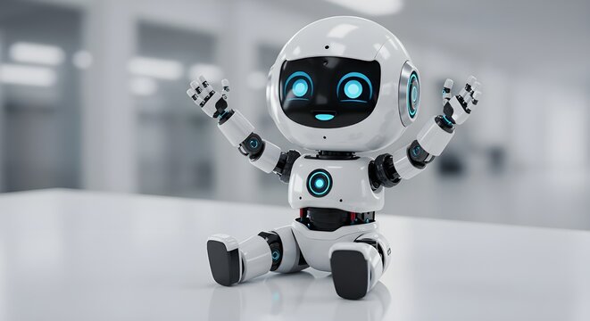 Adorable robot beb&eacute; con grandes ojos digitales que sonr&iacute;e: un simp&aacute;tico compa&ntilde;ero de inteligencia artificial