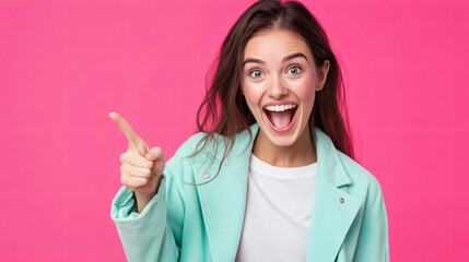 Woman in blue jacket pointing up beside laughing woman in white t-shirt in casual indoor setting