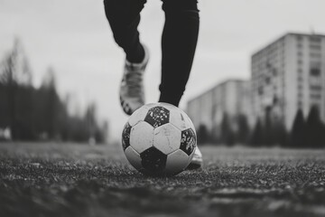 Soccer player dribbling a ball on an overcast day in an urban field near residential buildings