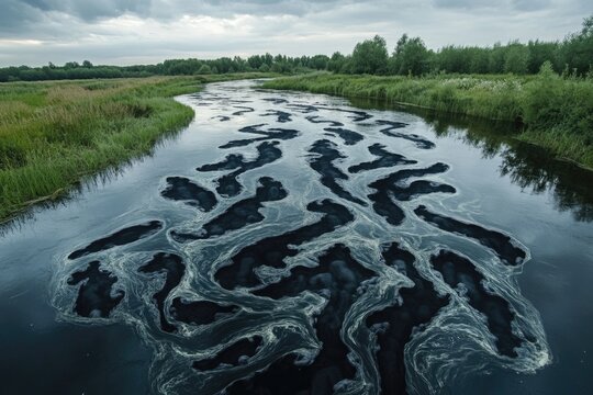 Image of a body of water with an oil spill, suitable for use in environmental or news-related contexts
