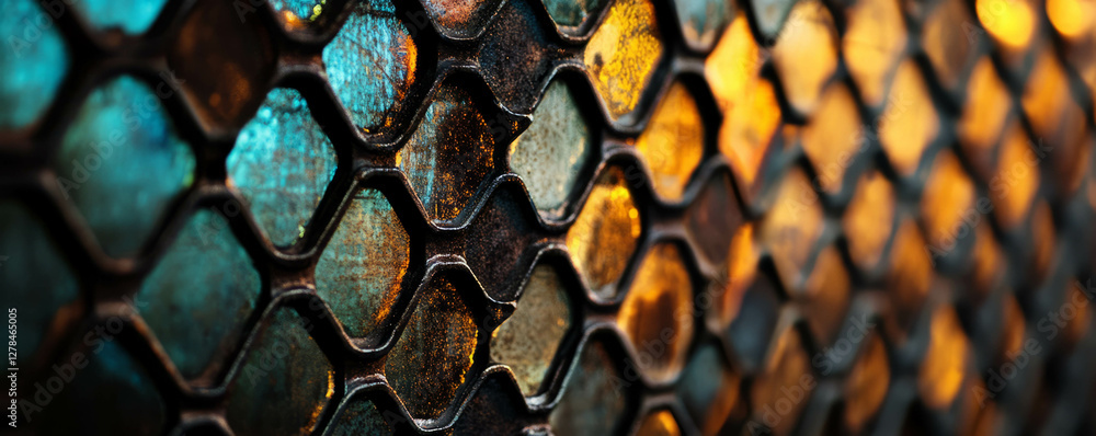 Poster Abstract texture of dense hexagonal mesh on colorful uneven wall for artistic backgrounds