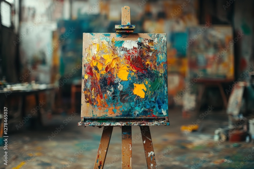 Poster vibrant abstract painting displayed on an easel in a bustling art studio filled with colorful canvas