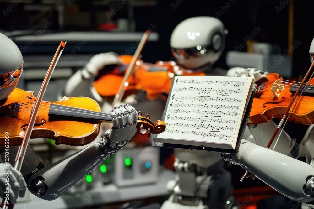 Poster Group of robots playing musical instruments together