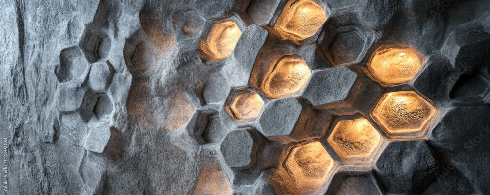 Poster intricate hexagonal mesh on textured wall with ambient lighting