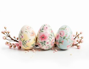 Fototapeta premium easter eggs with floral patterns on a branch surrounded by flowers white background