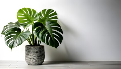 a Monstera plant in a modern pot, isolated on a white background