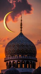 Mosque Dome and Crescent Moon at Sunset - Islamic Symbolism