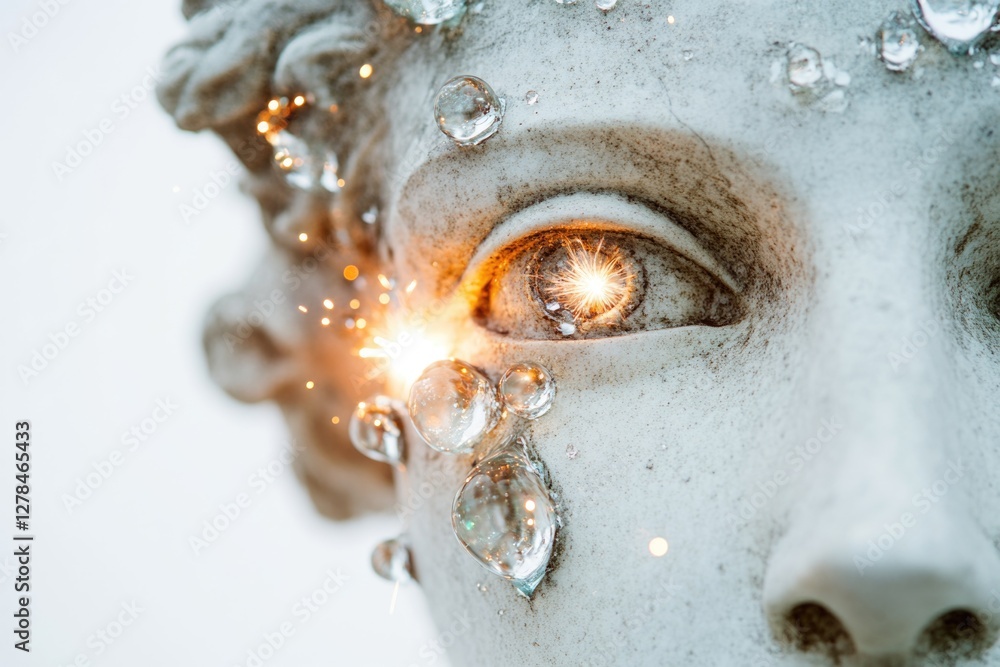 Poster a close-up view of a statue depicting a woman's face, great for use in editorial or commercial proje