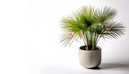 a Papyrus plant in the modern pot, isolated on a white background with ample copy space.