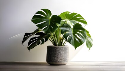 a Monstera plant in a modern pot, isolated on a white background