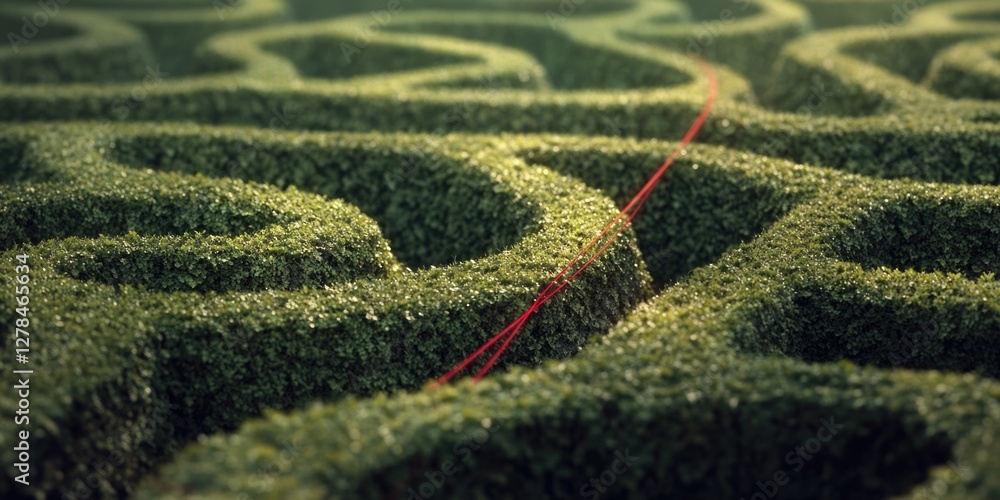 Poster a maze with a red line leading the way through a complex network of paths and walls