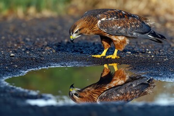 Fototapeta premium A bird drinks water from a small puddle on the ground