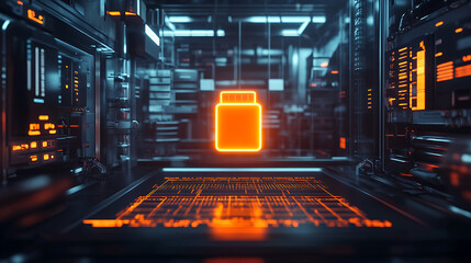 Futuristic Energy Storage Battery Icon in a Sci-Fi Lab
