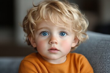 Naklejka premium Young child with curly hair and striking blue eyes gazes curiously while sitting indoors on a cozy couch in warm light