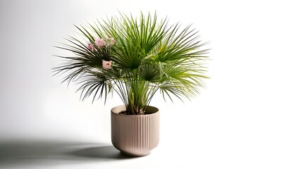 a Papyrus plant in the modern pot, isolated on a white background with ample copy space.